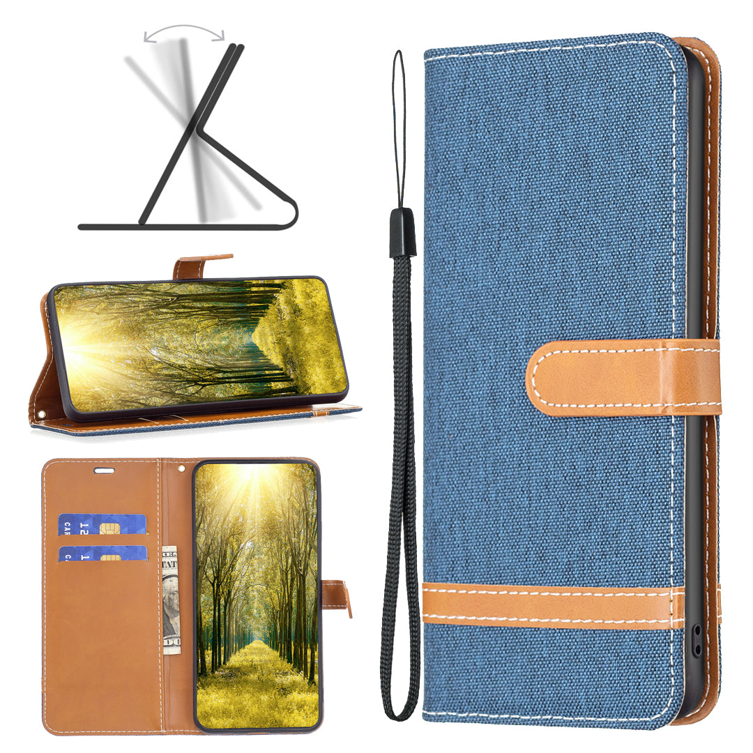 Uniqkart for iPhone 15 Jeans Cloth Splicing PU Leather + TPU Phone Case Wallet Stand Anti-scratch Cover - Navy Blue Uniqkart for iPhone 15 Jeans Cloth Splicing PU Leather + TPU Phone Case Wallet Stand Anti-scratch Cover - Navy Blue